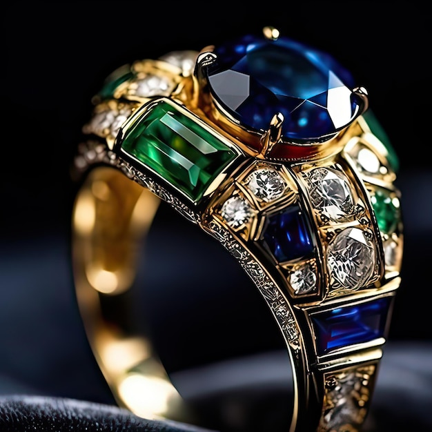 A ring with a blue stone and green stones is on a black surface.