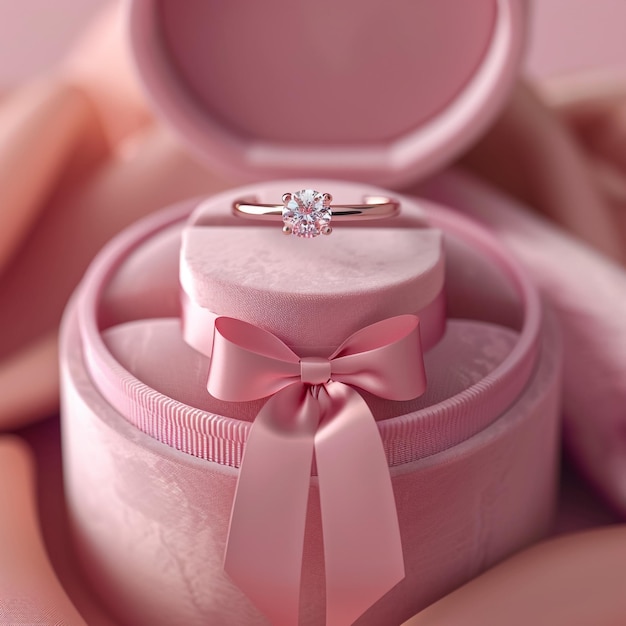 a ring with a bow on it sits in front of a pink background