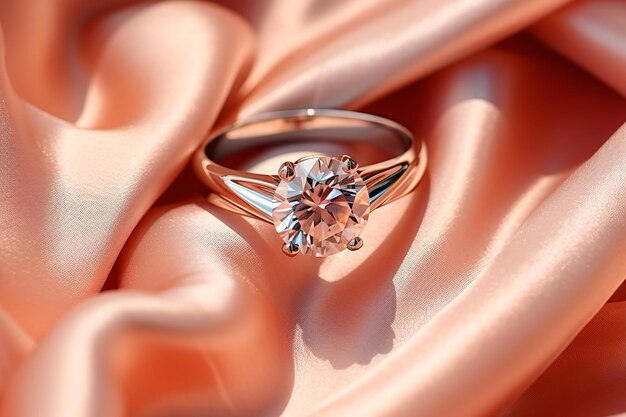 Photo ring with diamond closeup on a light peach fabric background in sunlight no people