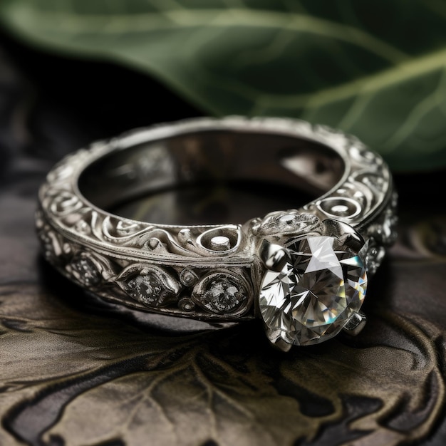 A ring with a diamond on it sits on a floral surface.