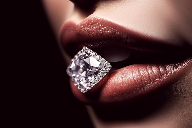 Ring with gemstone diamond in woman's lips closeup Generative AI