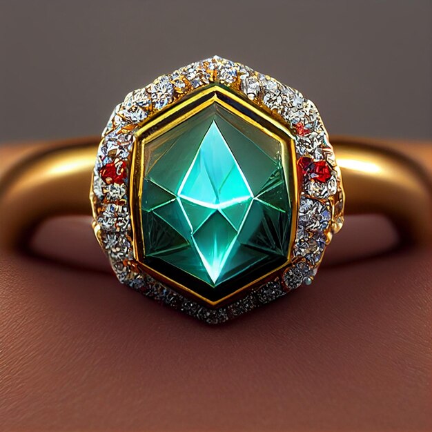 A ring with a green gem sits on a brown surface.