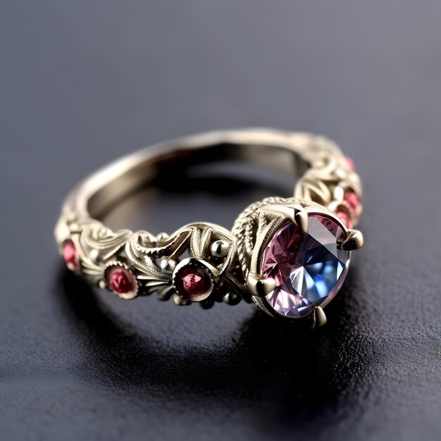 A ring with a heart shaped gem sits on a black surface.