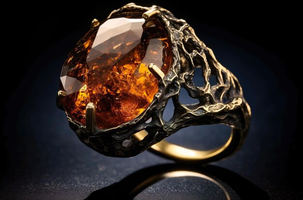 Ring with orange diamond isolated on black