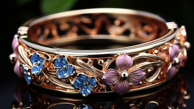 a ring with pink flowers and blue flowers