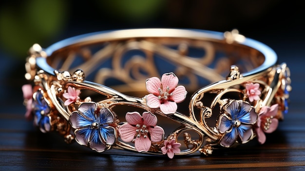 a ring with pink flowers and blue flowers