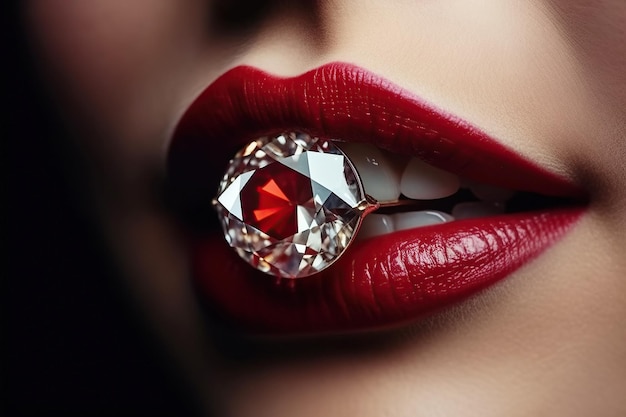 Ring with precious stone diamond in woman's lips with red lipstick closeup Generative AI