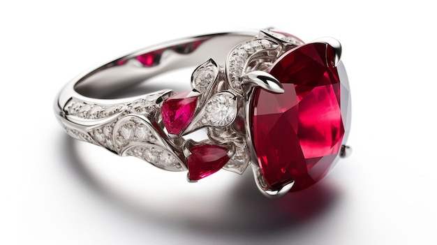 A ring with a red stone and diamonds.