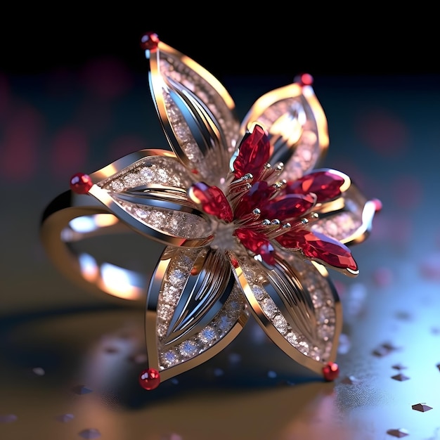 Photo a ring with red stones and a flower on it