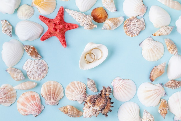 Ringen op een schaal op een blauwe zomer achtergrond met verschillende schelpen en zeesterren