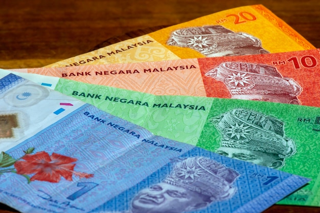 Ringgit Malaysia money laying on the wooden table, in shallow focus