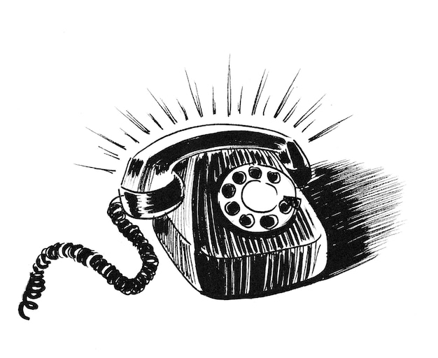 Ringing retro telephone. Ink black and white drawing