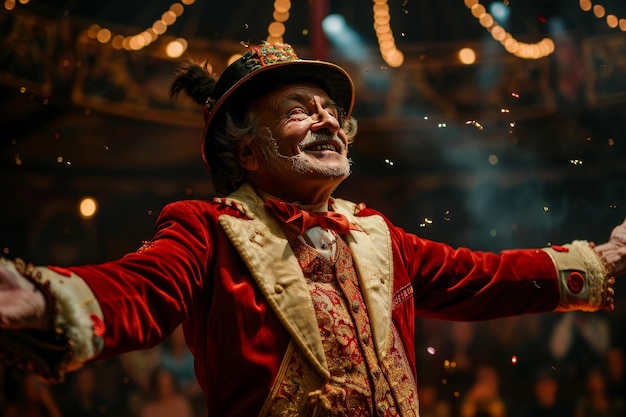 A ringmaster enthusiastically directing the audience attention to the center ring exuding charm and showmanship