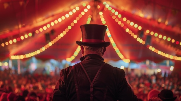 A ringmaster standing tall and proud back to the cameras as surveys the crowd gathered underneath