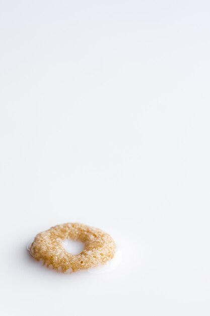 Rings cereal with milk.  Close-up of cereal floating in milk. Copy space.