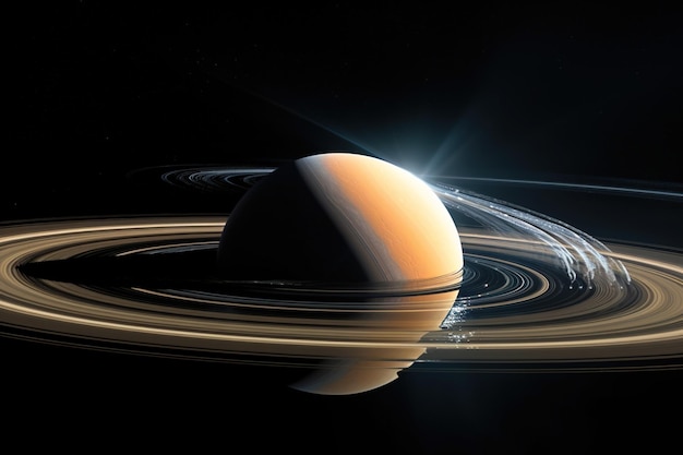 Rings of Saturn viewed from one of its moons bathing in reflected sunlight