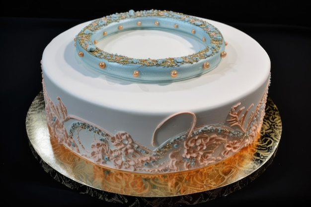 複雑なフロスティングデザインとグリッターのアクセントが施されたリング状のケーキ