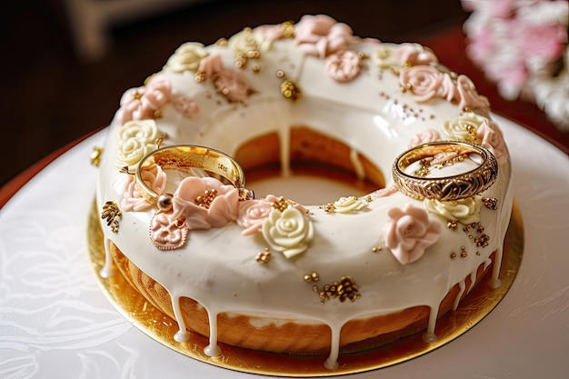Ringshaped cake with swirls of frosting and delicate decorations