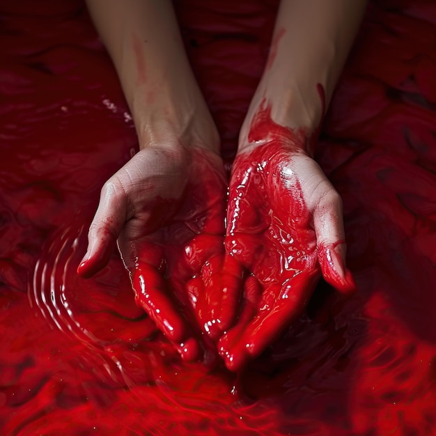 Rinsing hands in bloody water close up