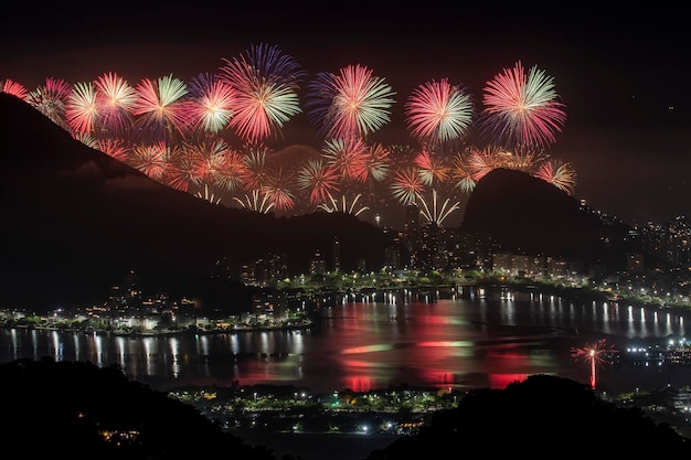 Rio Brazil december 31 2022 fireworks display on Copacabana beach seen from Vista Chinesa