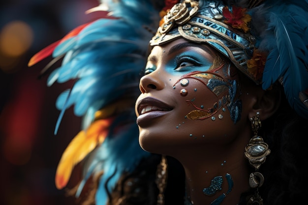 Участник карнавала в Рио, украшенный перьями и блестящими аксессуарами