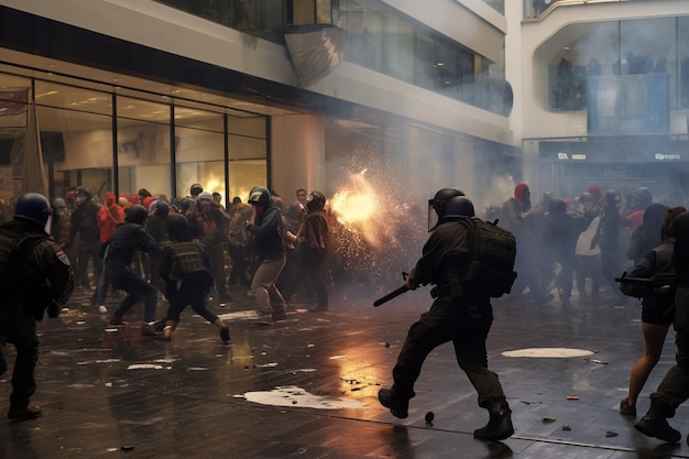 a riot is set up in front of a building with a burning torch.