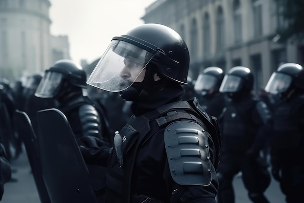 Riot Police handling protesters during demonstrating AI generated