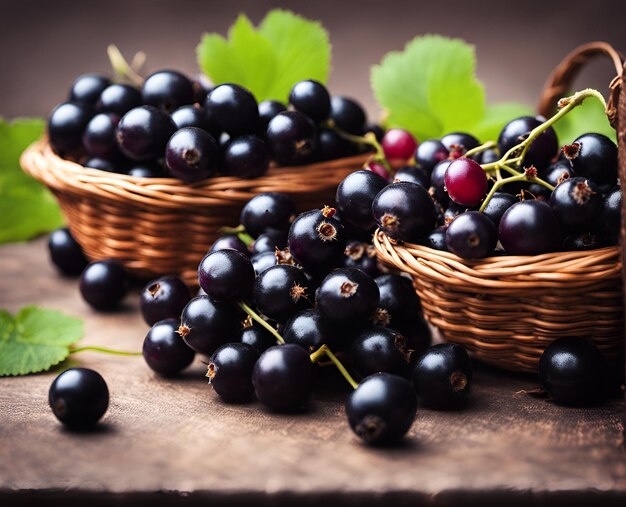 Ripe appetizing black currant berries in an overflowing basket