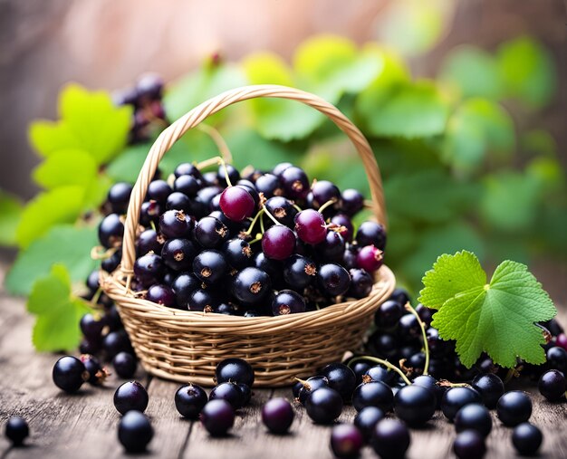 Ripe appetizing black currant berries in an overflowing basket