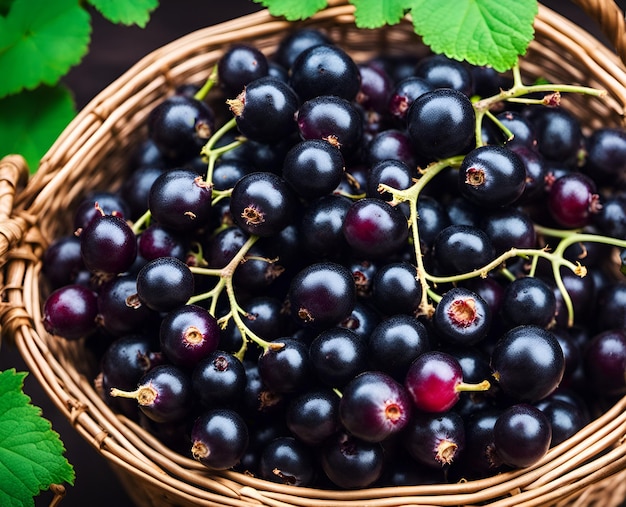 Ripe appetizing black currant berries in an overflowing basket