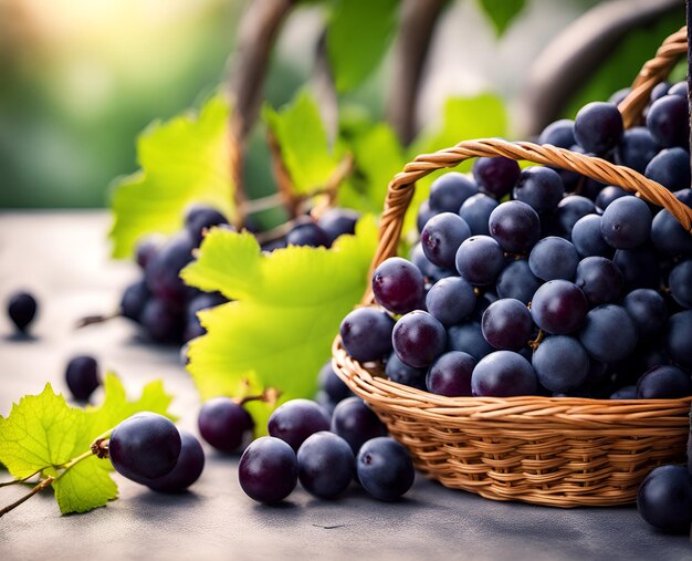 Ripe appetizing black grape berries in an overflowing basket