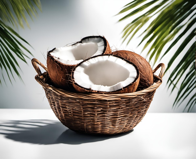 Ripe appetizing coconuts in an overflowing basket