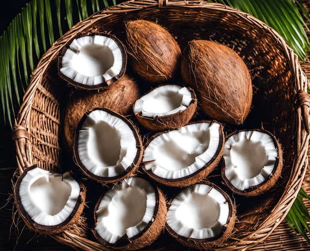 Ripe appetizing coconuts in an overflowing basket