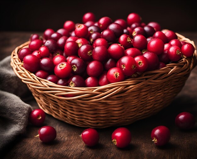 Ripe appetizing cranberry berries in an overflowing basket