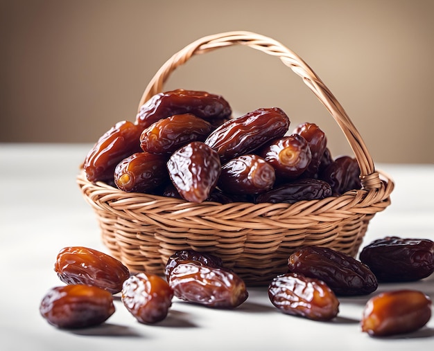 Ripe appetizing dates in an overflowing basket