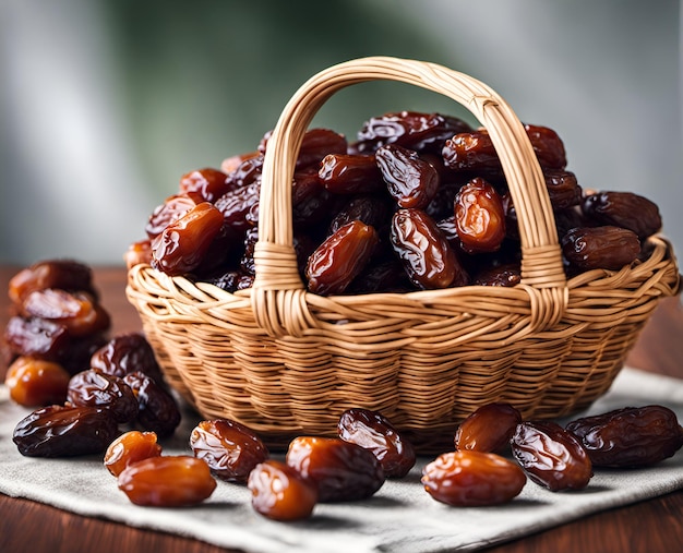 Ripe appetizing dates in an overflowing basket