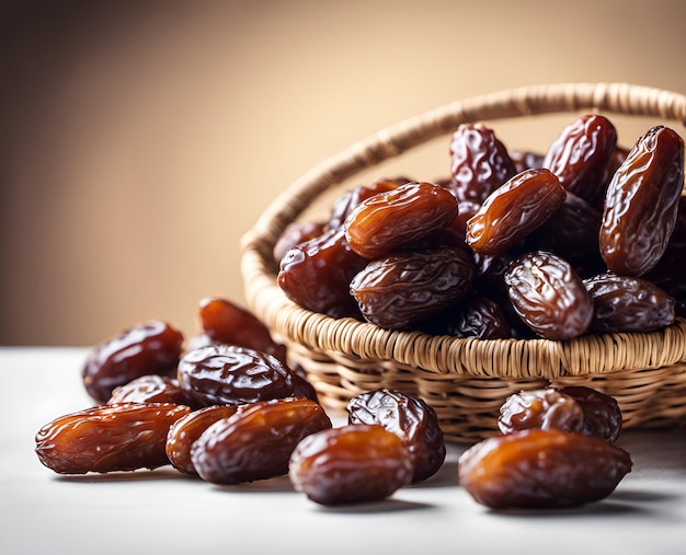 Ripe appetizing dates in an overflowing basket