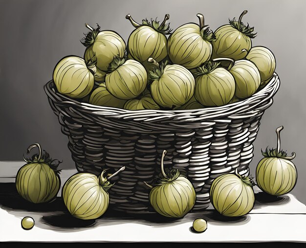 Ripe appetizing gooseberry berries in an overflowing basket