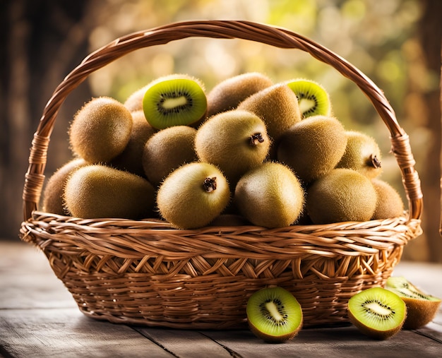 Ripe appetizing kiwi fruit in an overflowing basket