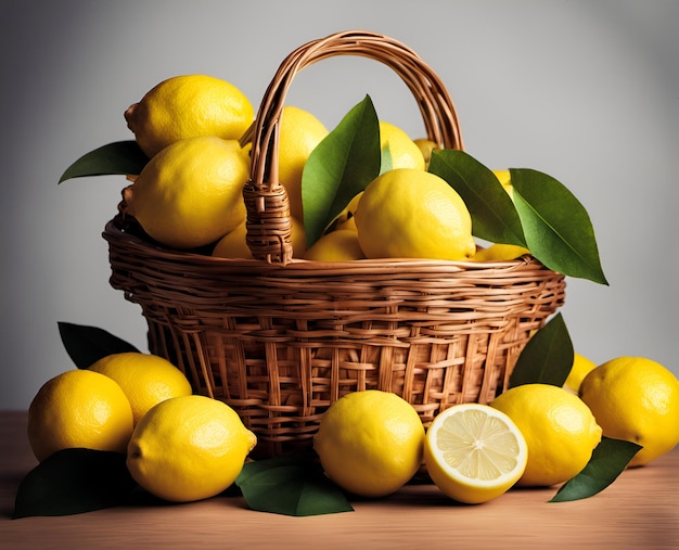 Ripe appetizing lemon fruits in an overflowing basket