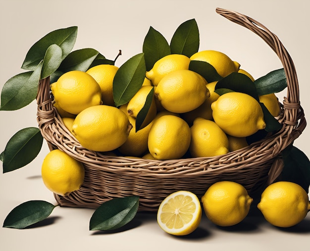 Ripe appetizing lemon fruits in an overflowing basket