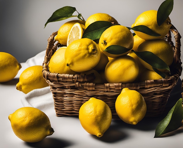 Ripe appetizing lemon fruits in an overflowing basket