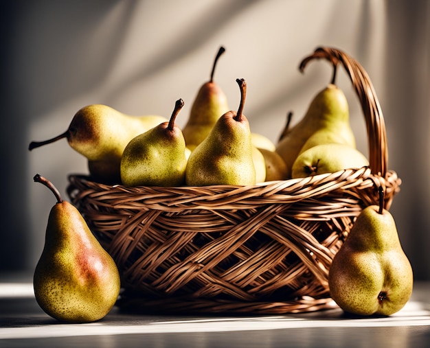 Ripe appetizing pears in an overflowing basket