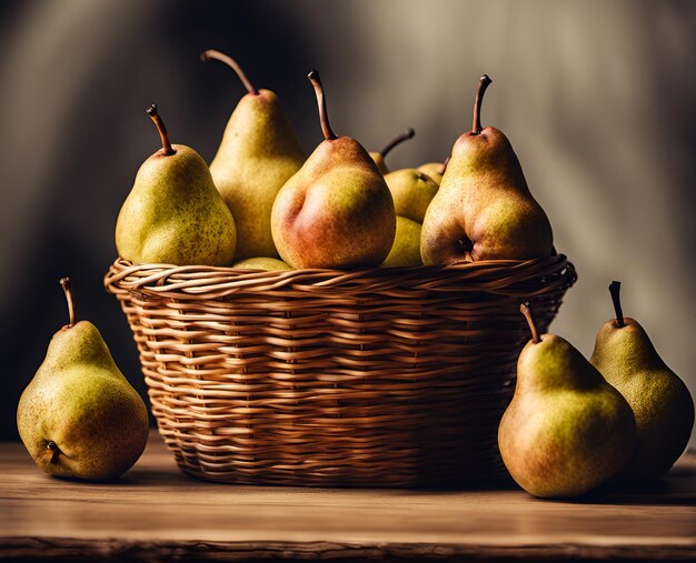 Ripe appetizing pears in an overflowing basket