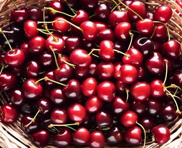 Ripe appetizing red cherry berries in an overflowing basket