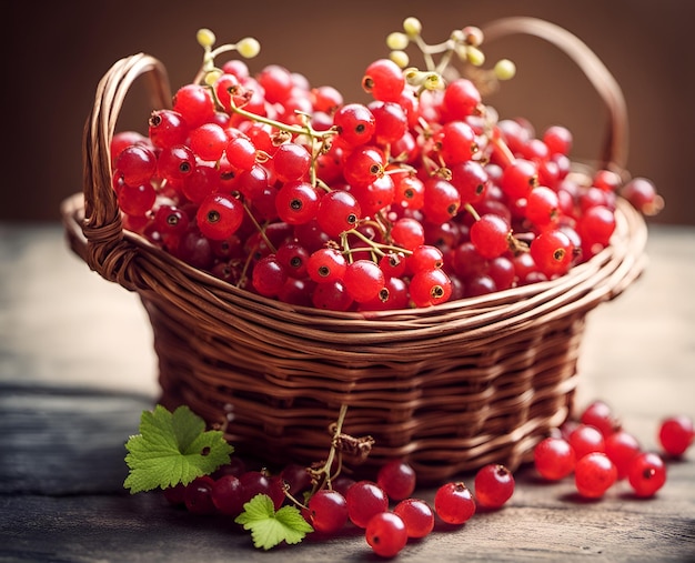 Ripe appetizing red currant berries in an overflowing basket