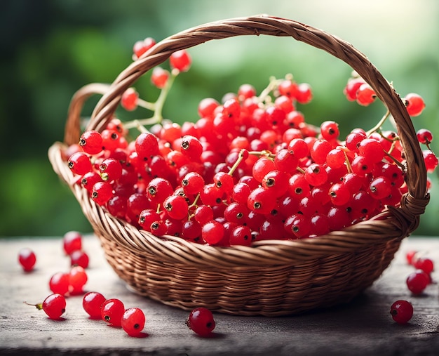 Ripe appetizing red currant berries in an overflowing basket