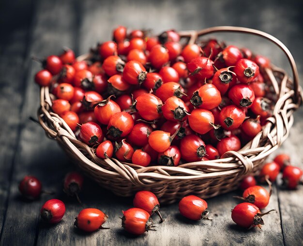 Ripe appetizing rose hip berries in an overflowing basket