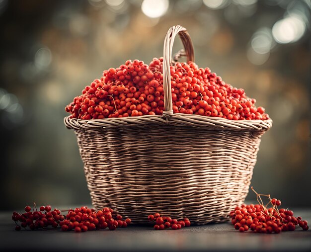 Ripe appetizing rowan berries in an overflowing basket