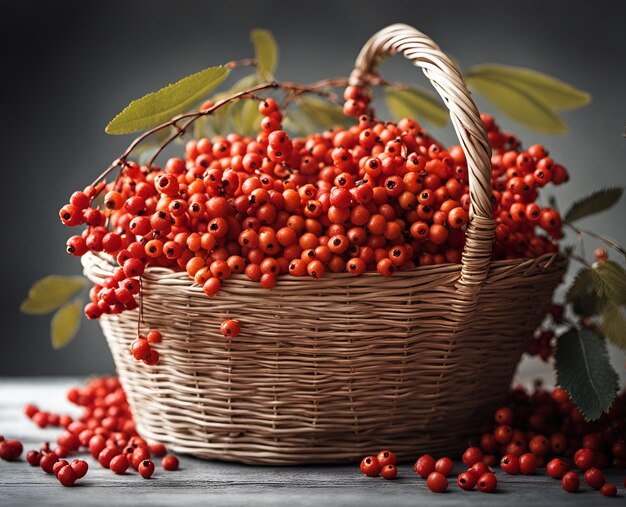 Ripe appetizing rowan berries in an overflowing basket